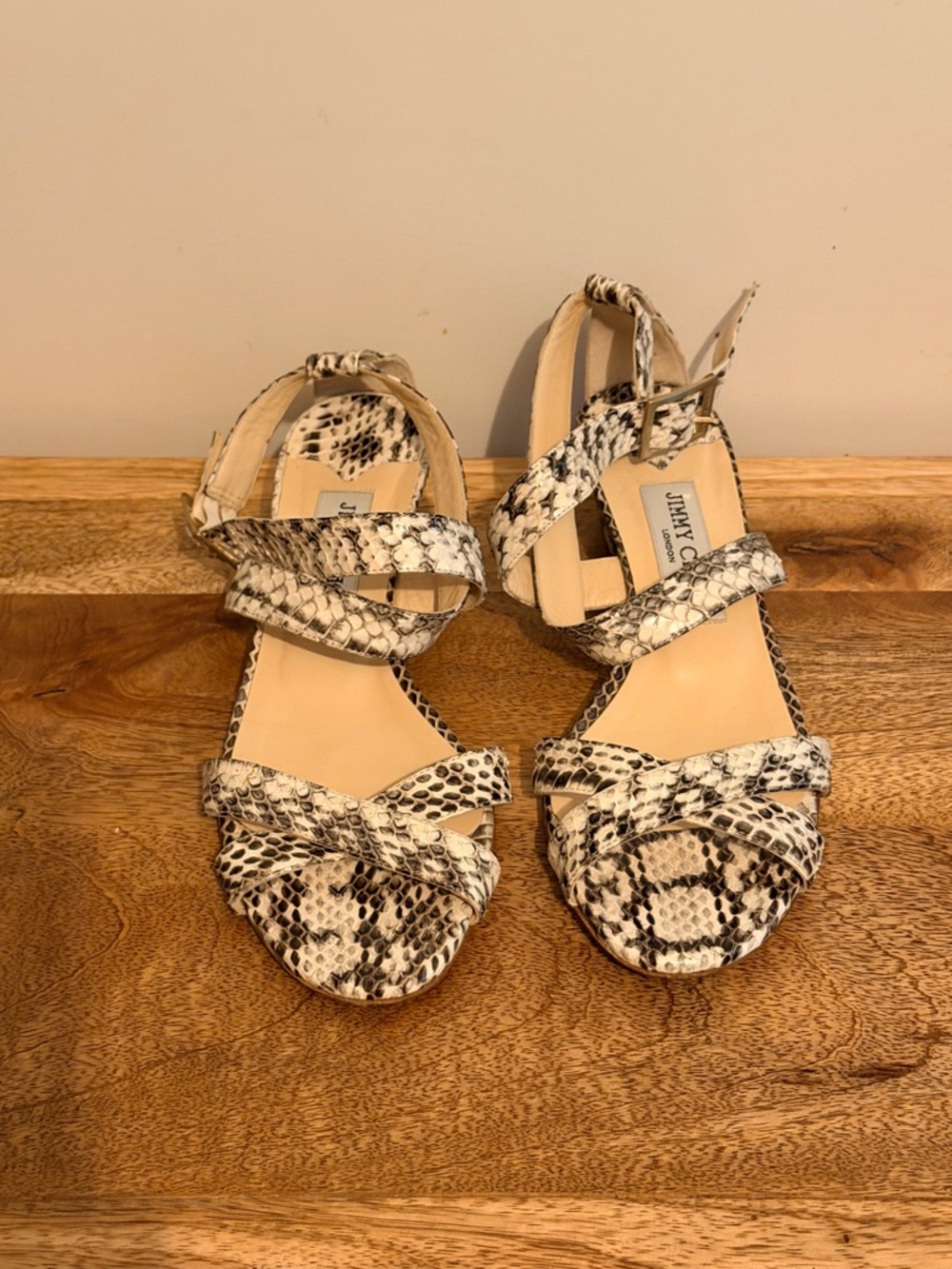 Jimmy Choo Black and Cream Snake-Print Strappy wedge Heels size 38.5